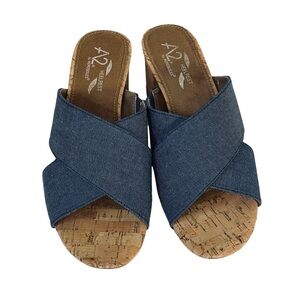 Aerosoles A2 Heelrest Blue Denim Crisscross Cork Block Heel Slide Sandal Sz 8.5
